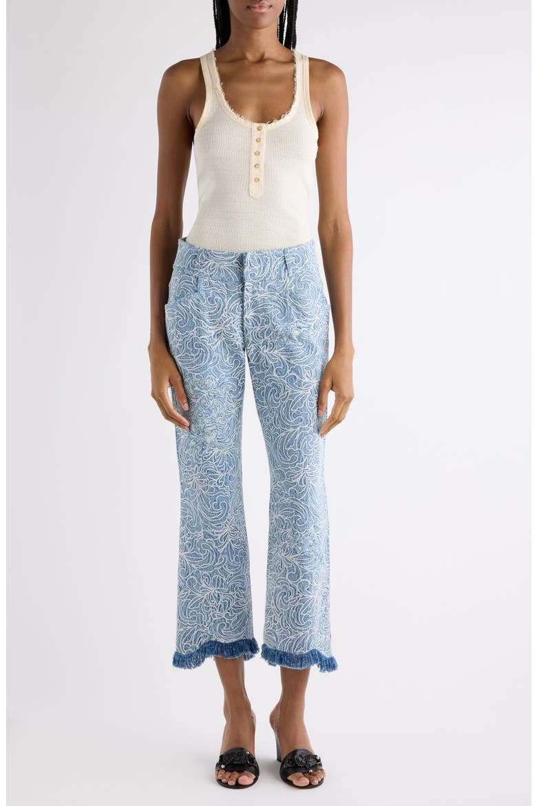 Ombeline Ripped Embroidered Crop Flare Jeans, Alternate, color, BLUE