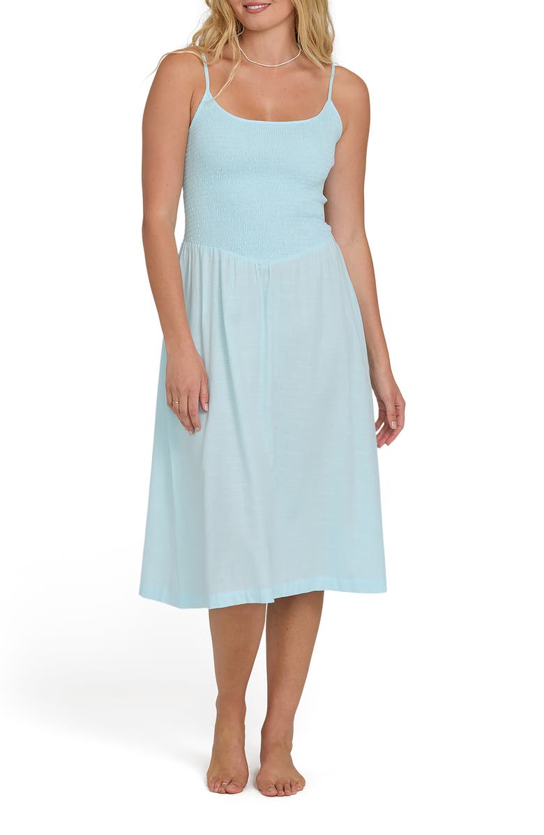 Billabong Hidden Cover Smocked Sleeveless Cotton Blend Midi Dress, Main, color, Clearwater