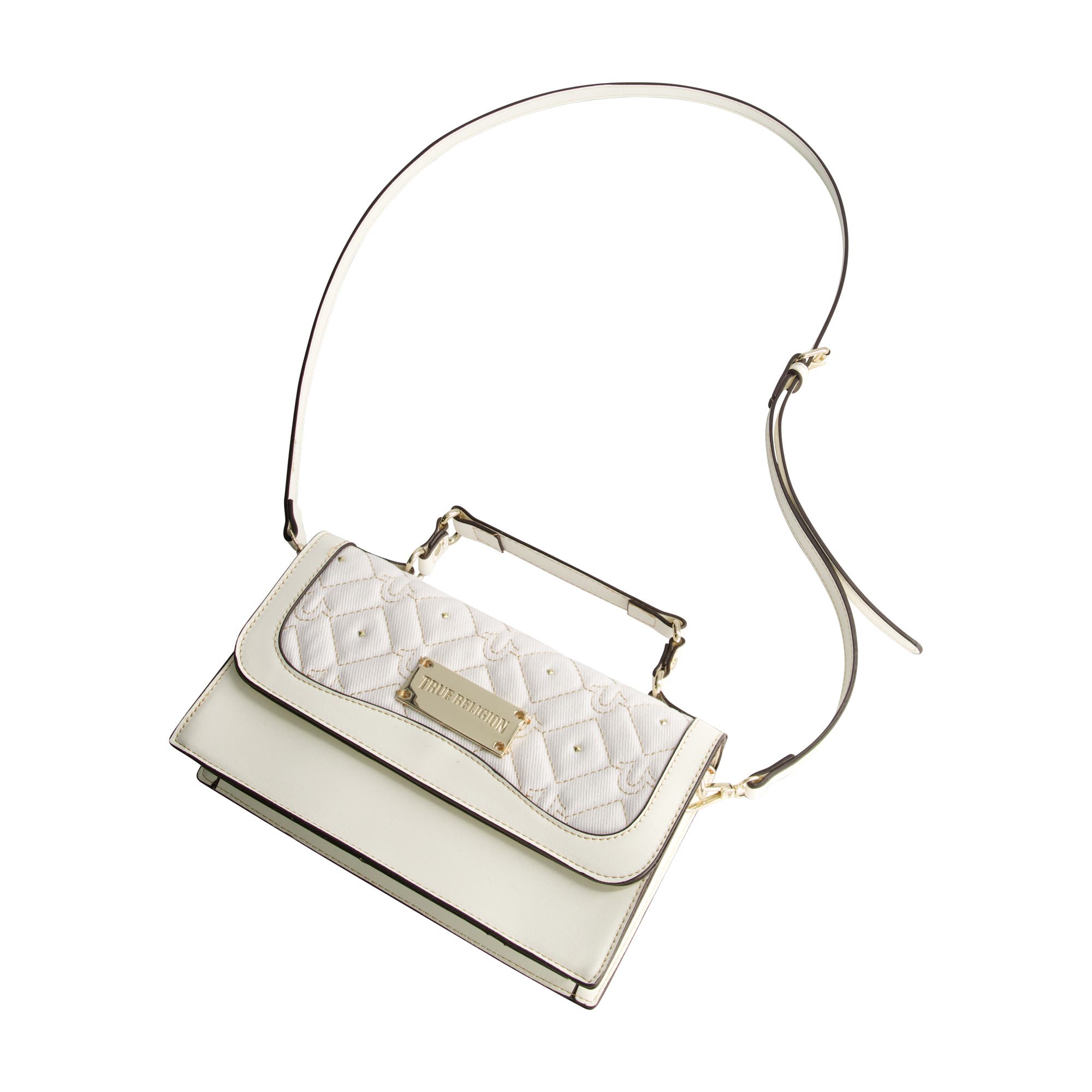 True Religion Studded Denim Flap Bag, Alternate, color, White