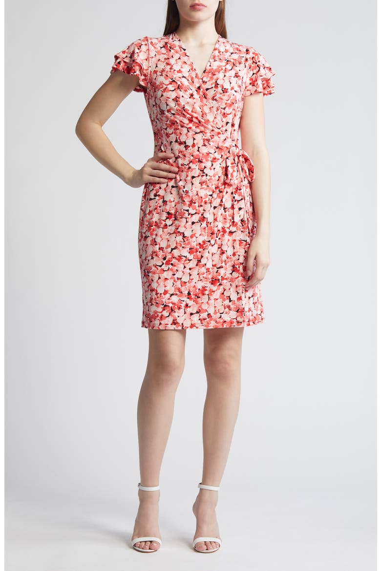 Abstract Floral Flutter Sleeve Wrap Dress, Main, color, RED PEAR MULTI