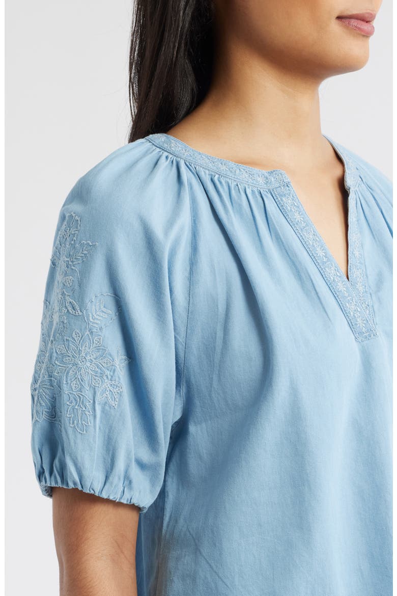 Laurent Embroidered Denim Top, Alternate, color, LIGHT WASH