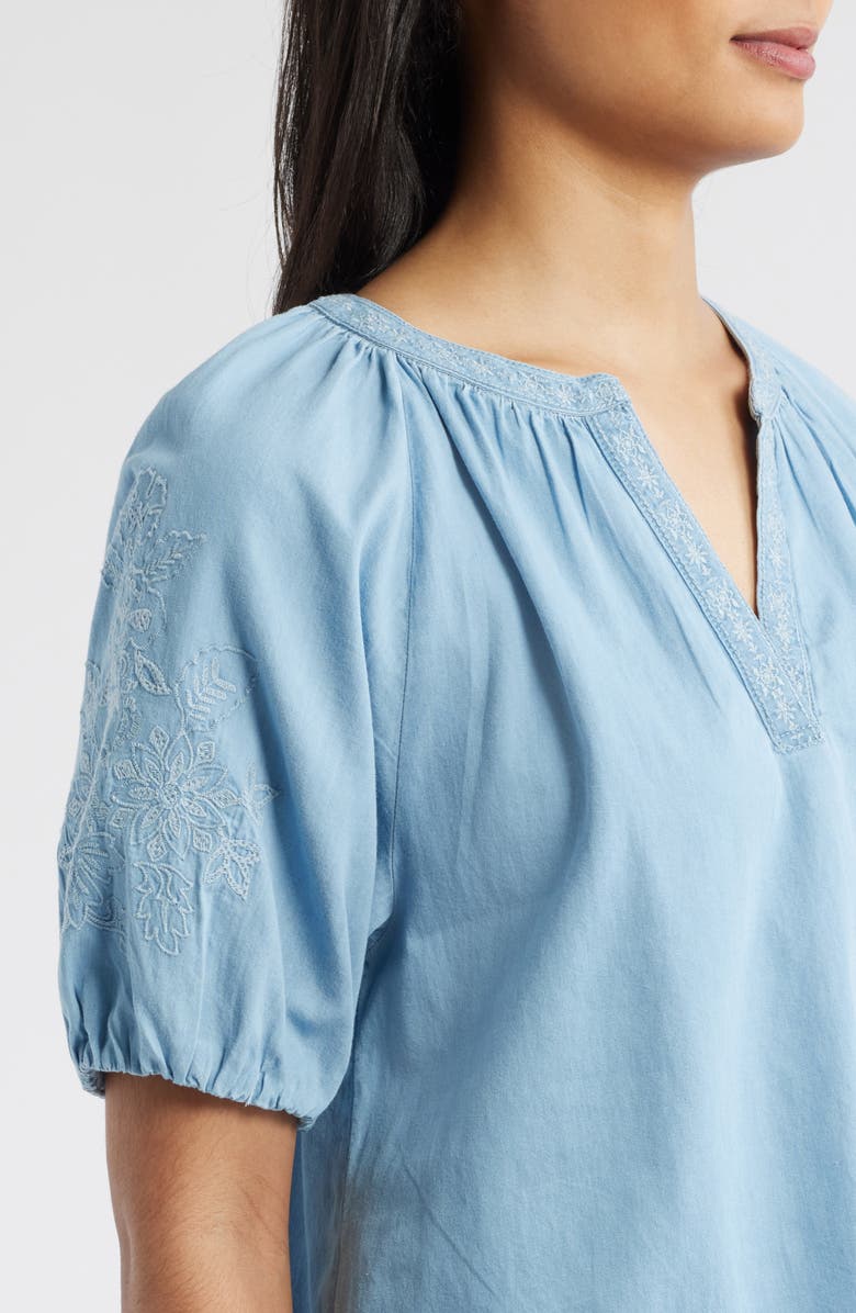 beachlunchlounge Laurent Embroidered Denim Top, Alternate, color, Light Wash