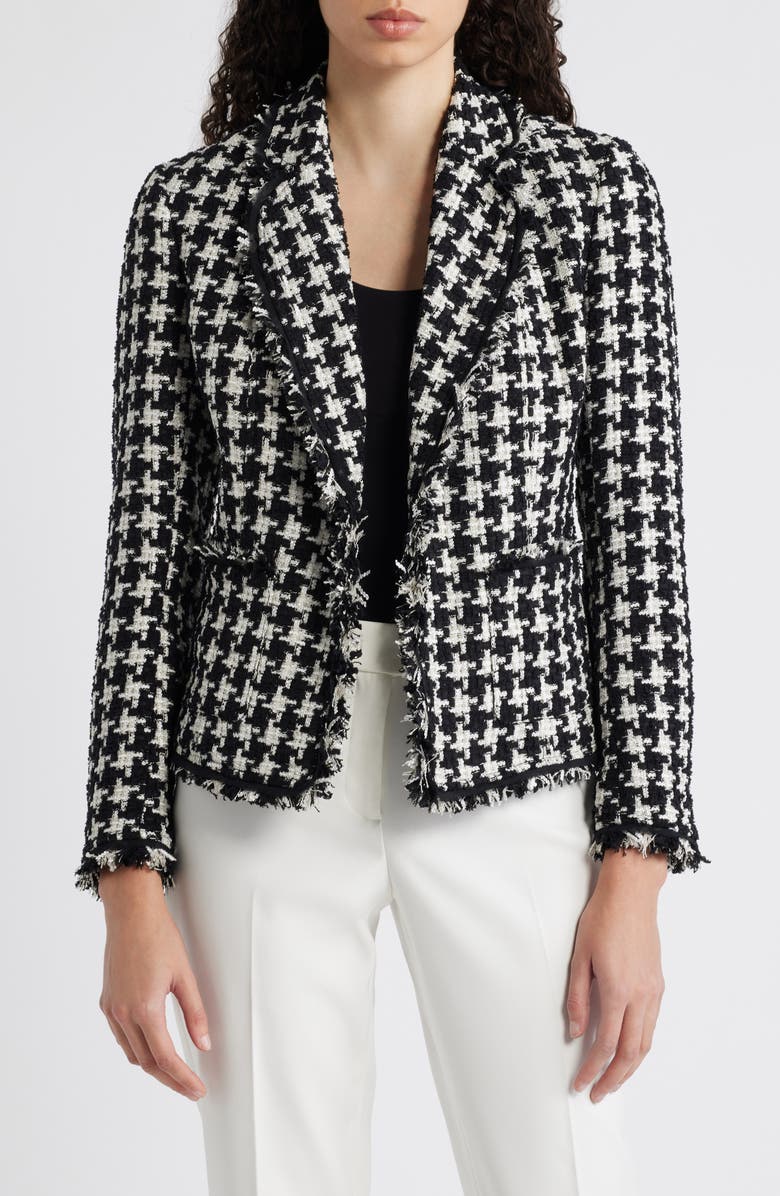 Anne Klein Houndstooth Fringe Trim Tweed Blazer, Main, color, 
