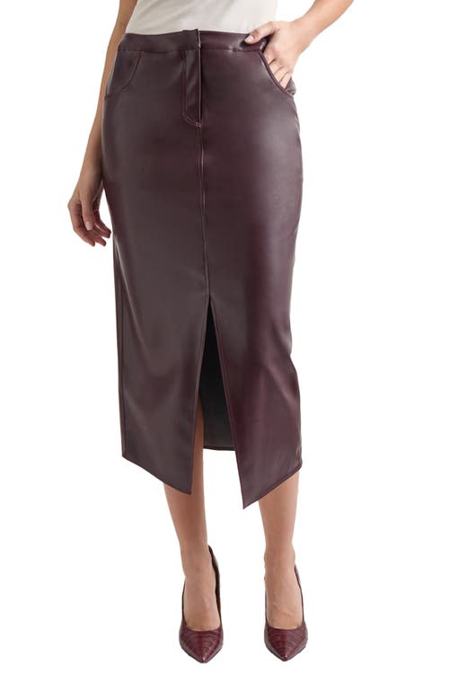 Misook Front Slit Faux Leather Midi Skirt in Mahogany 