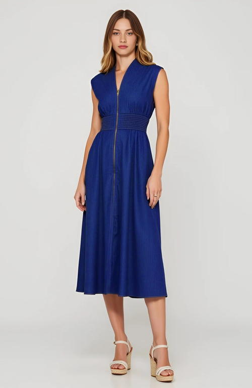 Modenaire Zip Front Sleeveless Denim Midi Dress With Smocked Waist Detail In Blue