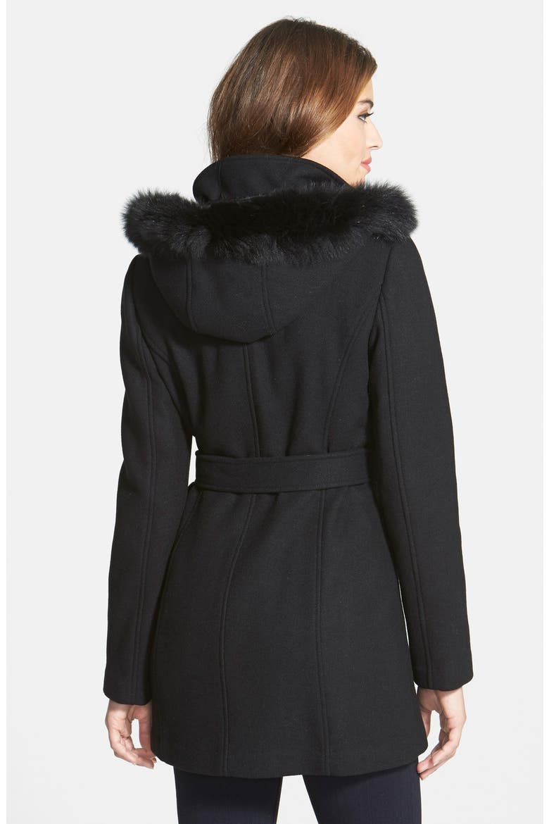 Hooded Wool Blend Coat with Genuine Fox Fur Trim, Alternate, color, BLACK