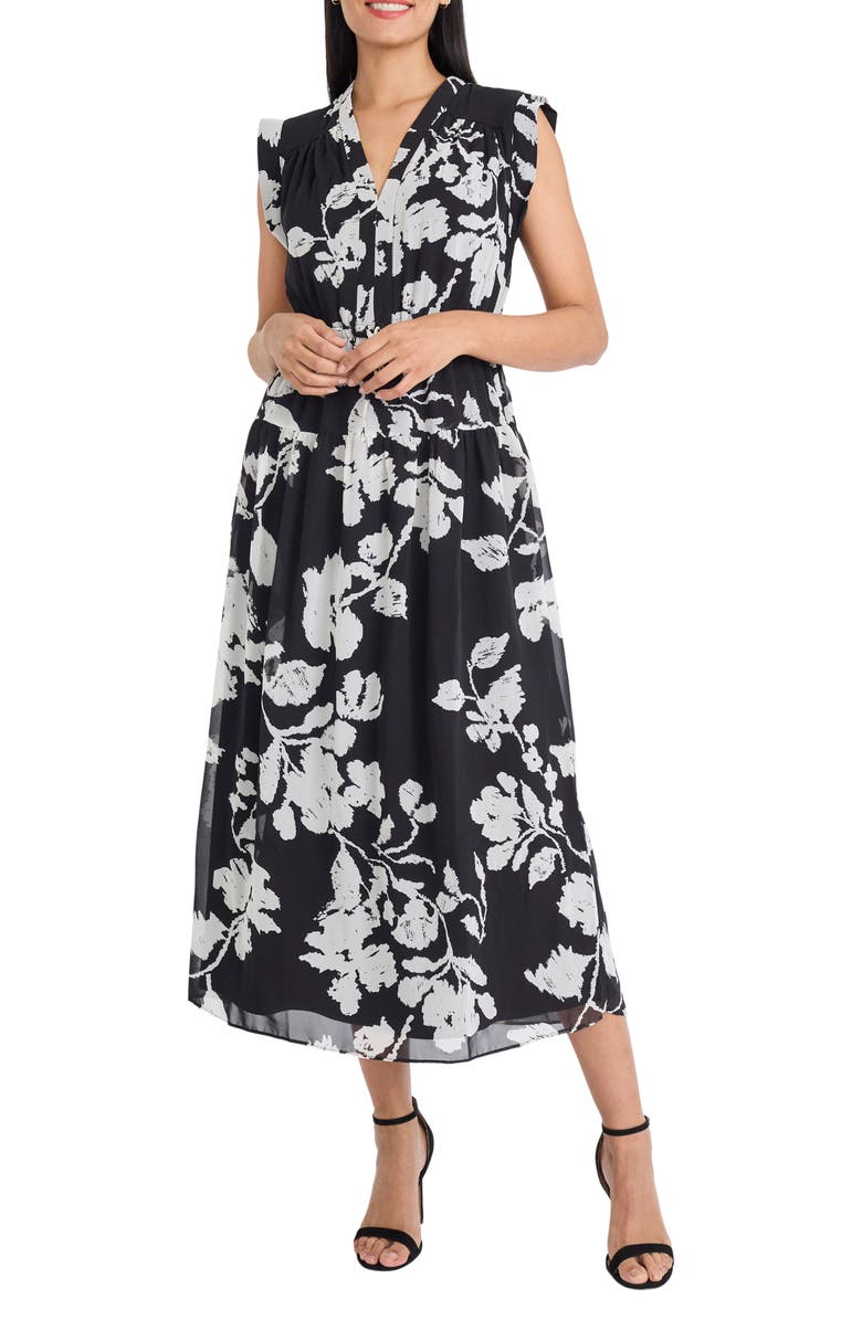 Maggy London Floral Sleeveless Chiffon Maxi Dress, Main, color, Black/ Ivory