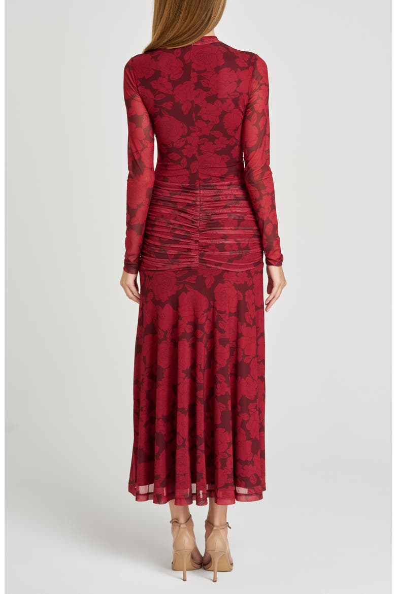 Selene Floral Ruched Long Sleeve Mesh Dress, Alternate, color, SCARLET ROSES