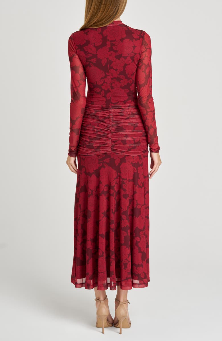 WAYF Selene Floral Ruched Long Sleeve Mesh Dress, Alternate, color, Scarlet Roses