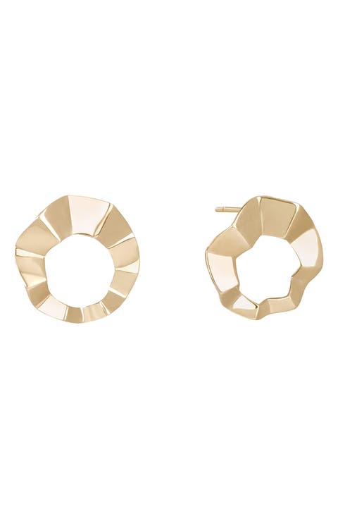 14K Gold Geometric Crinkle Stud Earrings