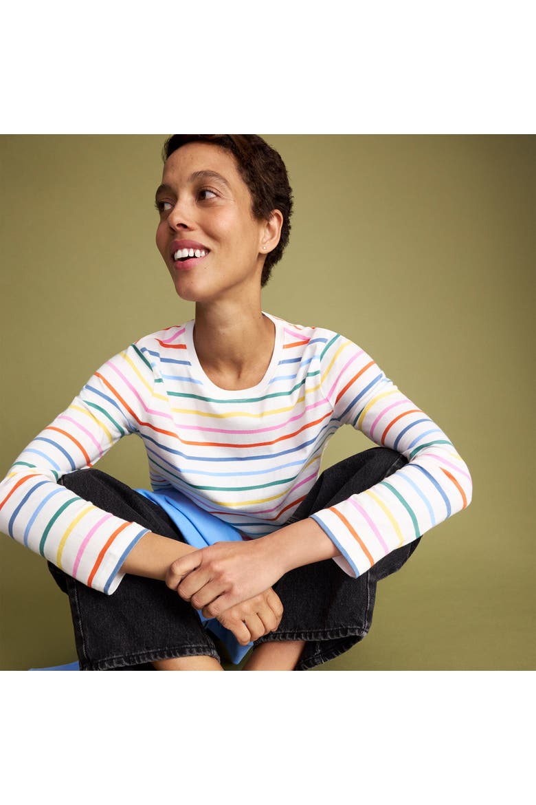 Women's Fit Long Sleeve Everyday Tee In Rainbow Stripe, Alternate, color, Ivory Rainbow Stripe New