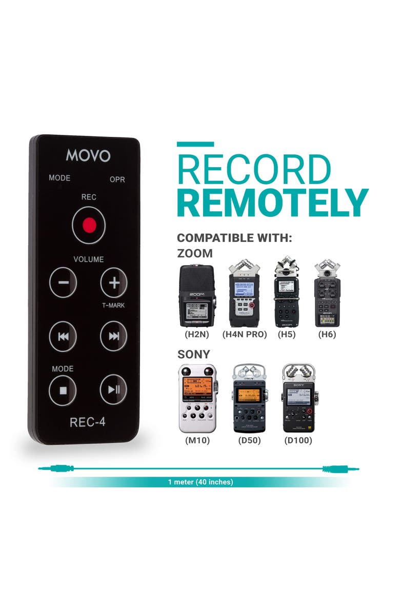MOVO REC-4 Wired Remote Control for Zoom H2n, H4n Pro, H5 & H6 Portable Digital Handy Recorders, Alternate, color, Black