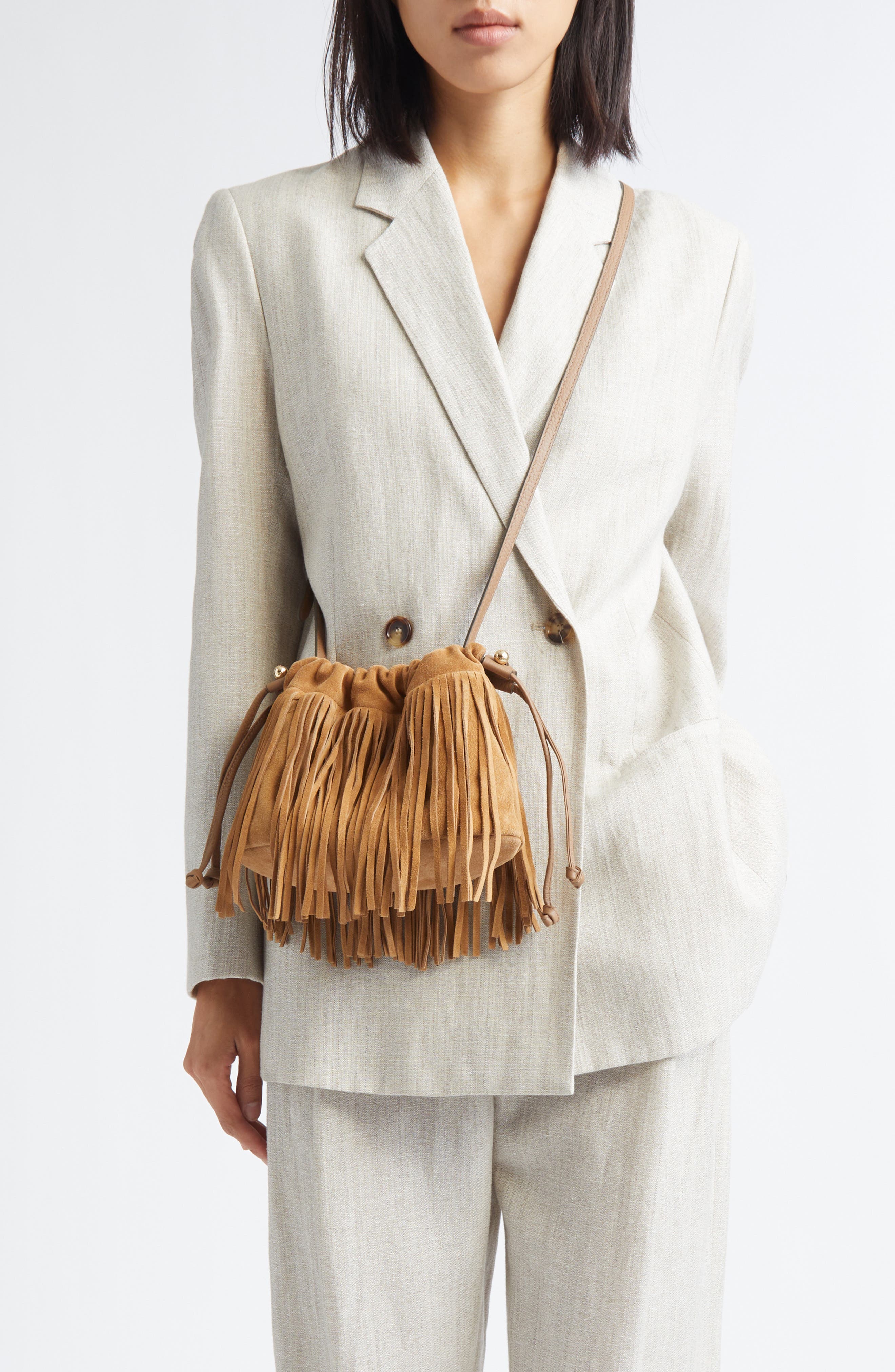 Strathberry x Cinq à Sept Drawstring Fringe Suede Crossbody Bag, Alternate, color, 