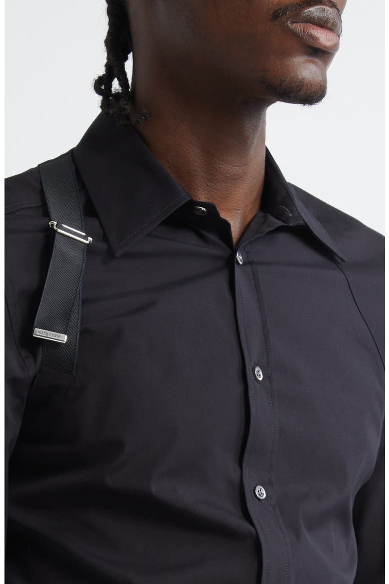 Logo Tape Harness Stretch Cotton Button-Up Shirt, Alternate, color, BLACK