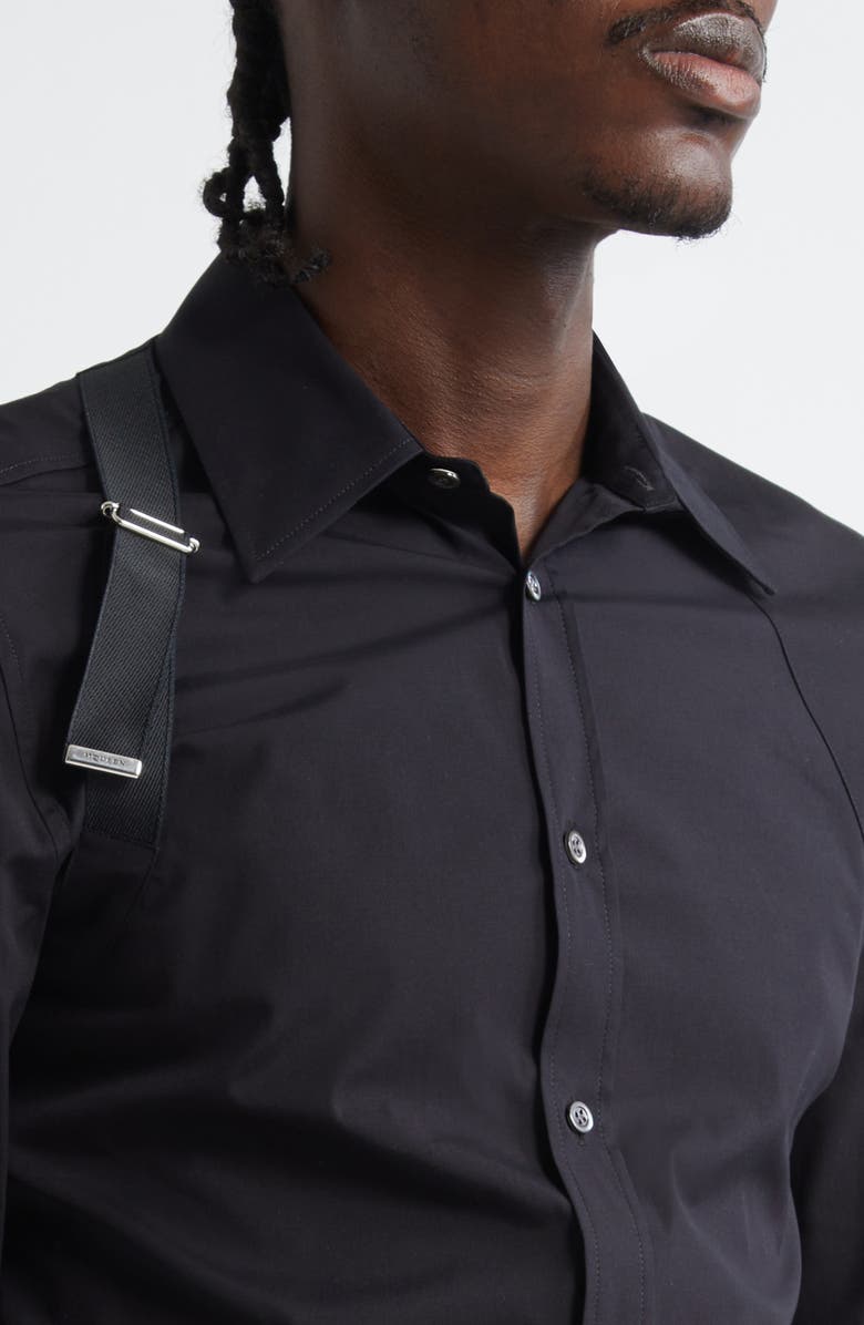 McQueen Logo Tape Harness Stretch Cotton Button-Up Shirt, Alternate, color, Black