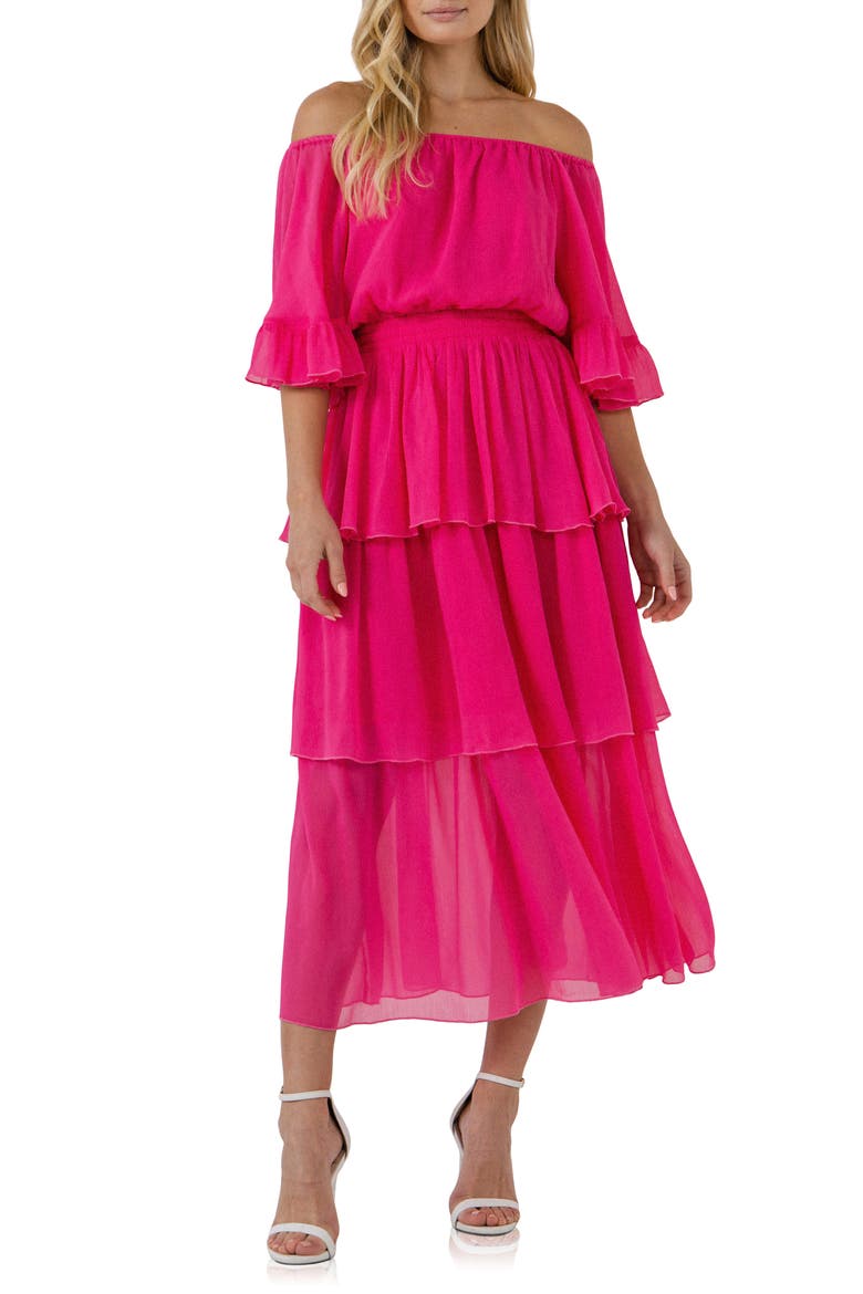 Off the Shoulder Tiered Chiffon Dress, Main, color, FUCHSIA