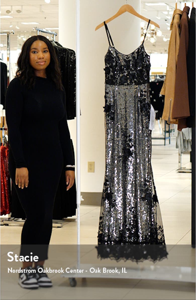 Giovanna Floral Appliqué Sequin Sheath Gown, sales video thumbnail