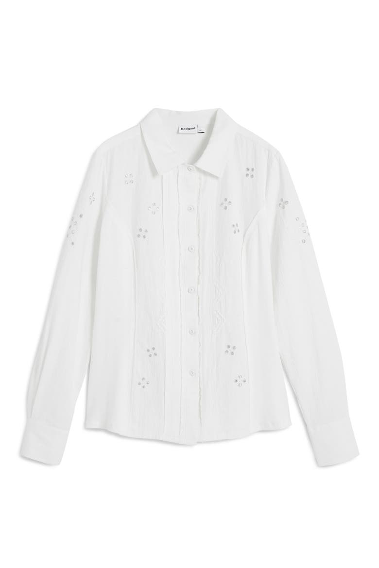 Eyelet Cotton Blend Button-Up Shirt, Alternate, color, WHITE