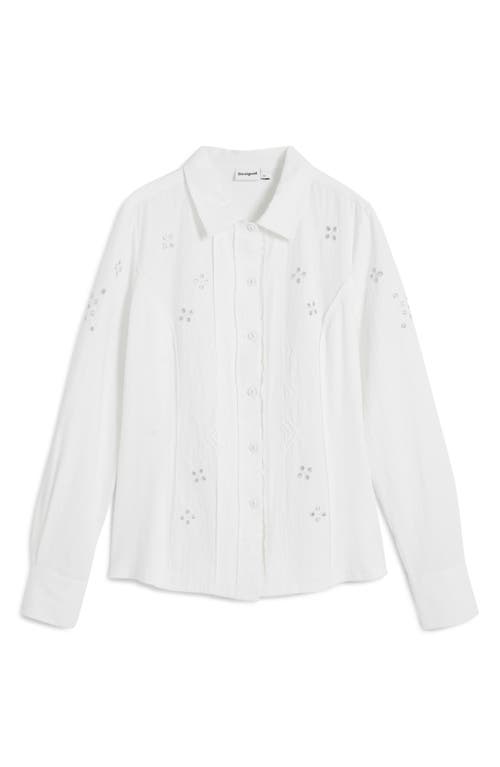 Desigual Eyelet Cotton Blend Button-up Shirt In White