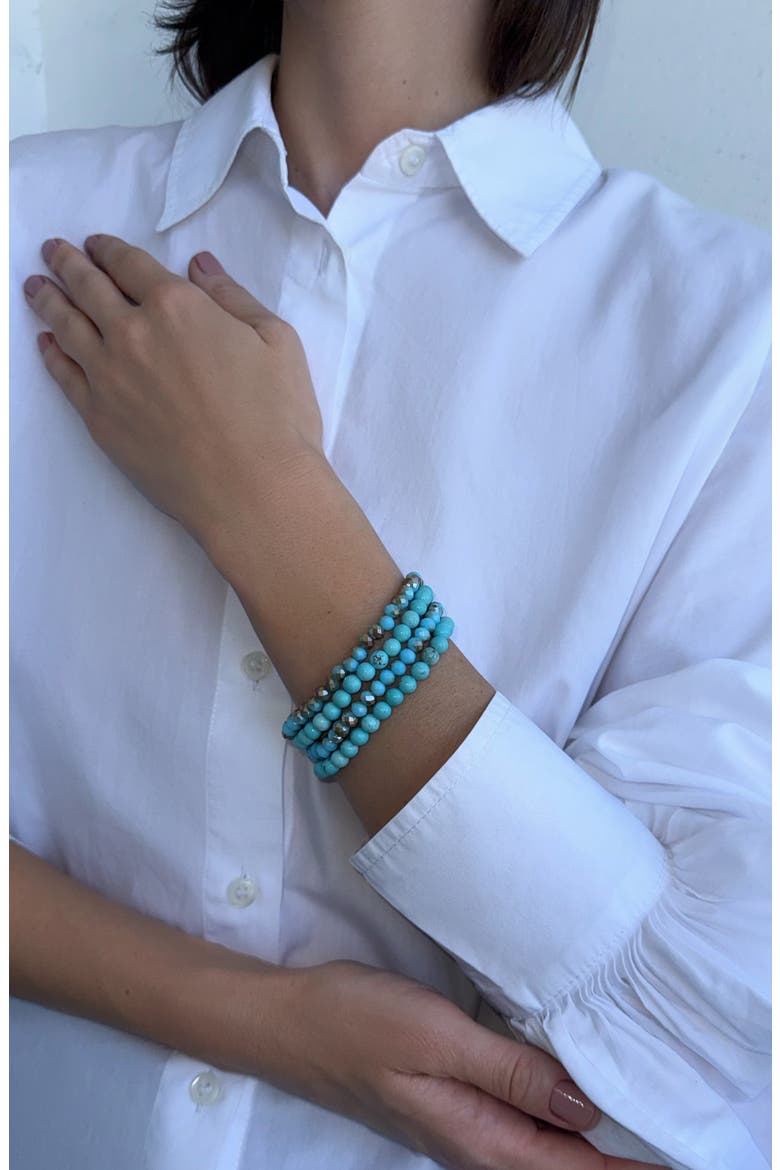 Set of 4 Reconstituted Turquoise & Crystal Beaded Stretch Bracelets, Alternate, color, BLUE