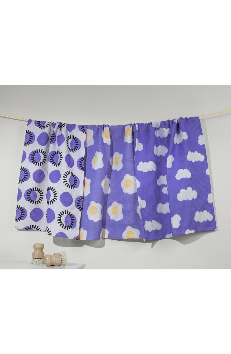 Tiramisu Periwinkle Play Set of 3 Cotton Waffle Kitchen Towels, Alternate, color, Periwinkle/ White