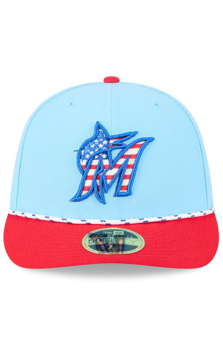 New Era Men's New Era Light Blue/Red Miami Marlins 2025 Fourth of July Low Profile 59FIFTY Fitted Hat, Alternate, color, Light Blue
