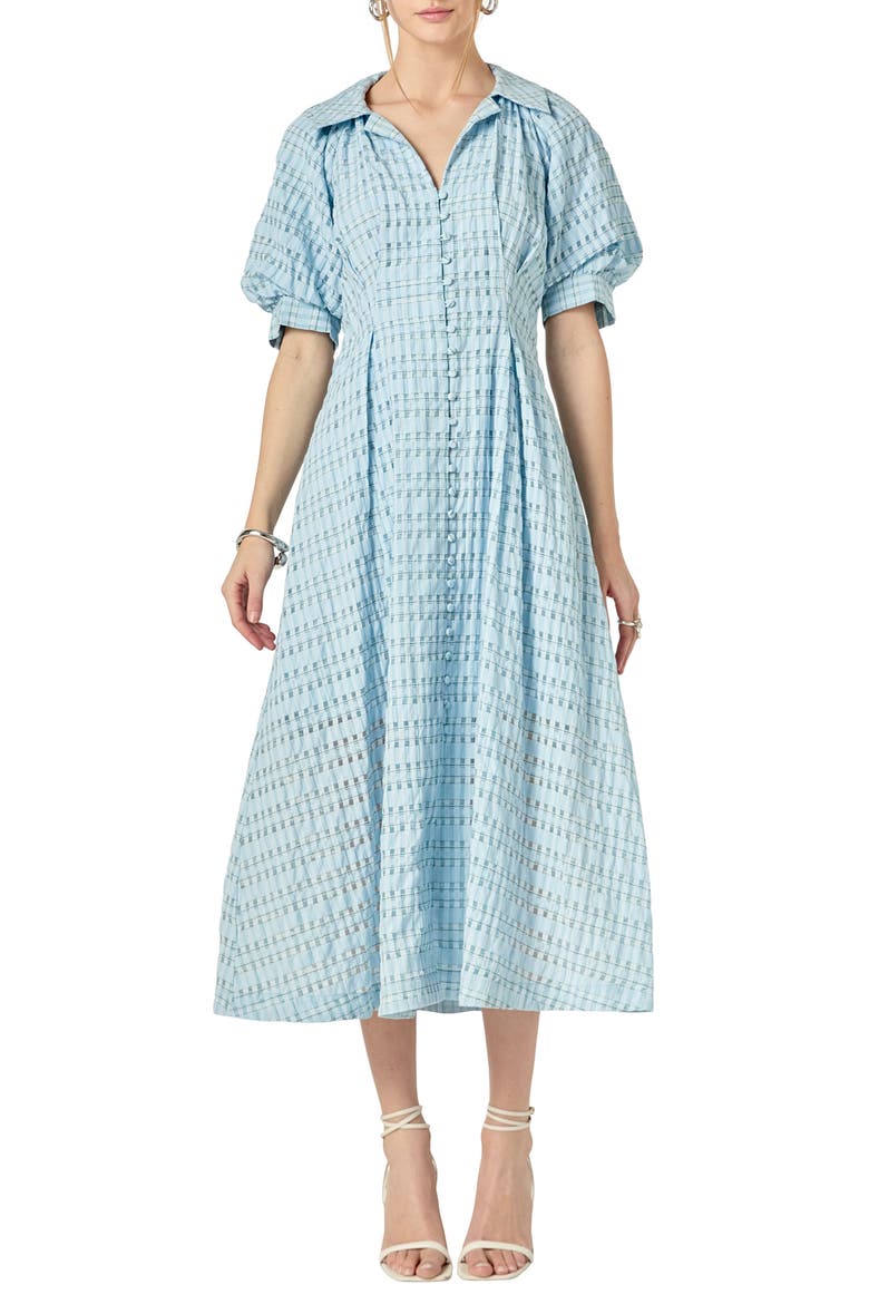 Seersucker Check Cotton Blend Midi Dress, Main, color, POWDER BLUE