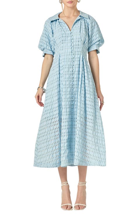 Seersucker Check Cotton Blend Midi Dress