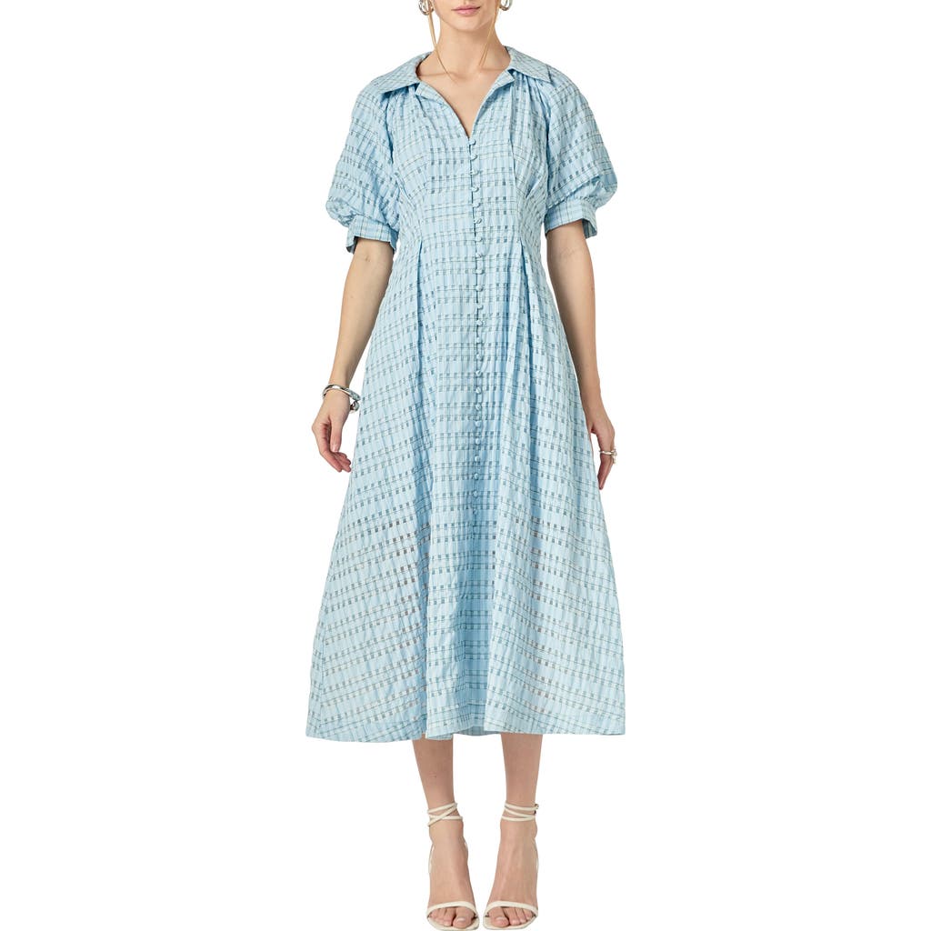 English Factory Seersucker Check Cotton Blend Midi Dress In Powder Blue