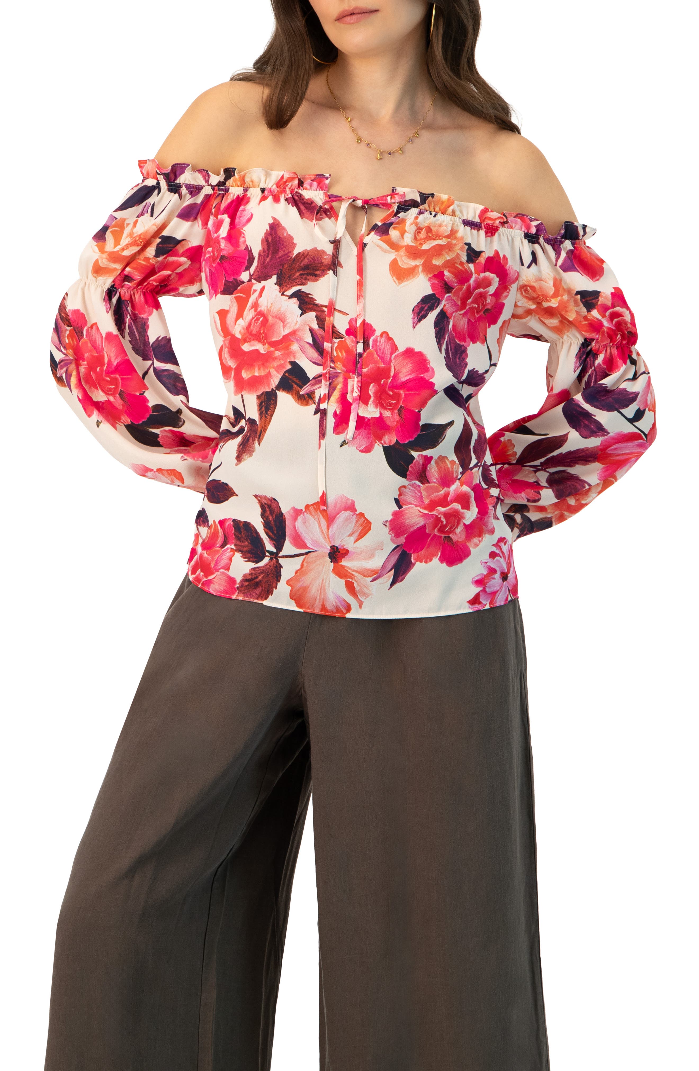Off-Shoulder Long Sleeve Printed Blouse