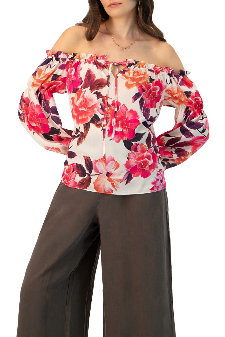 Off-Shoulder Long Sleeve Printed Blouse, Main, color, Ivory