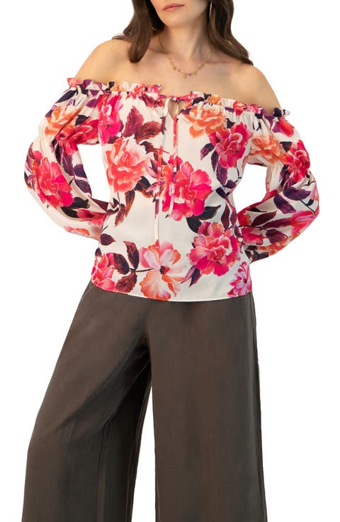 Off-Shoulder Long Sleeve Printed Blouse