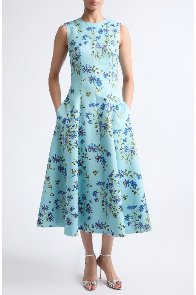 Mara Magnolia Taffeta Faille Midi Dress, Main, color, MAGNOLIA PRINT - BLUE