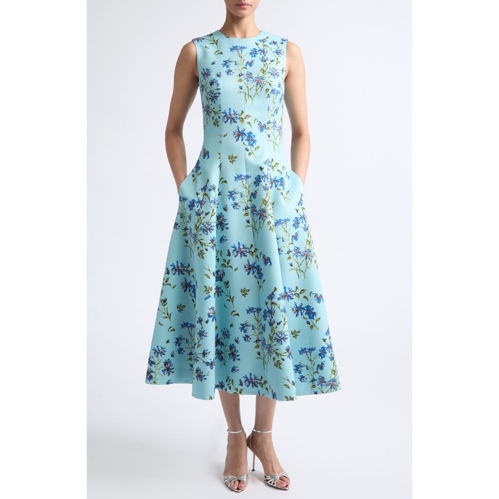 Emilia Wickstead Mara Magnolia Taffeta Faille Midi Dress in Magnolia Print - Blue at Nordstrom, Size 8