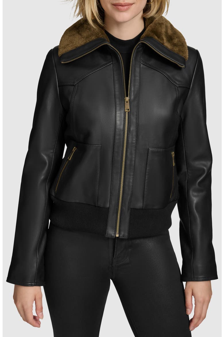 Evie Lambskin Aviator Jacket with Faux Fur Collar, Alternate, color, BLACK