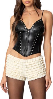EDIKTED Studded Faux Leather Zip Corset Top