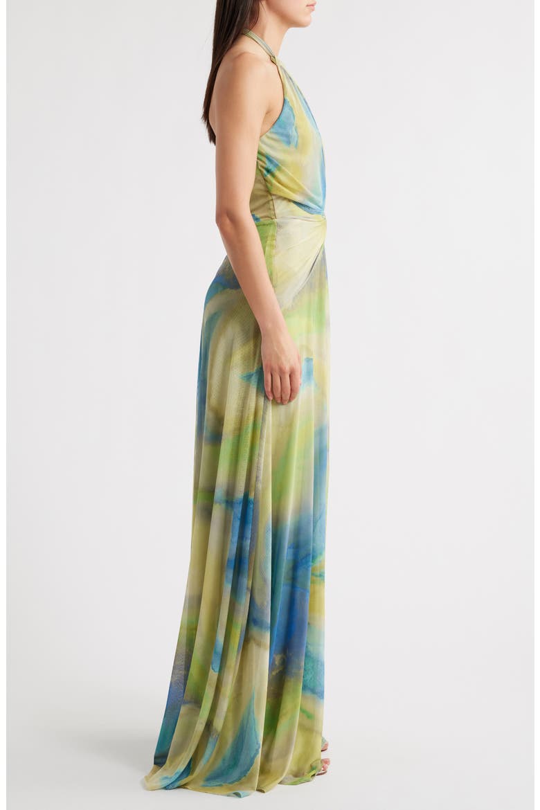 Neriah Abstract Print Halter Neck Mesh Gown, Alternate, color, BRILLIANT CITRINE