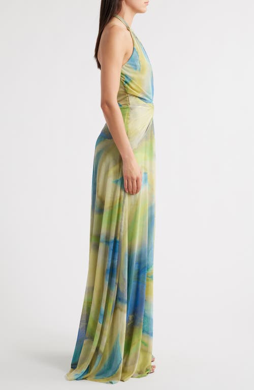 Black Halo Neriah Abstract Print Halter Neck Mesh Gown In Multi