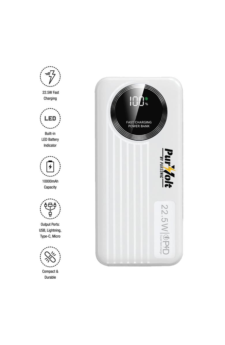 PURSONIC 10,000mAh LED Fast Charging Power Bank, Alternate, color, White