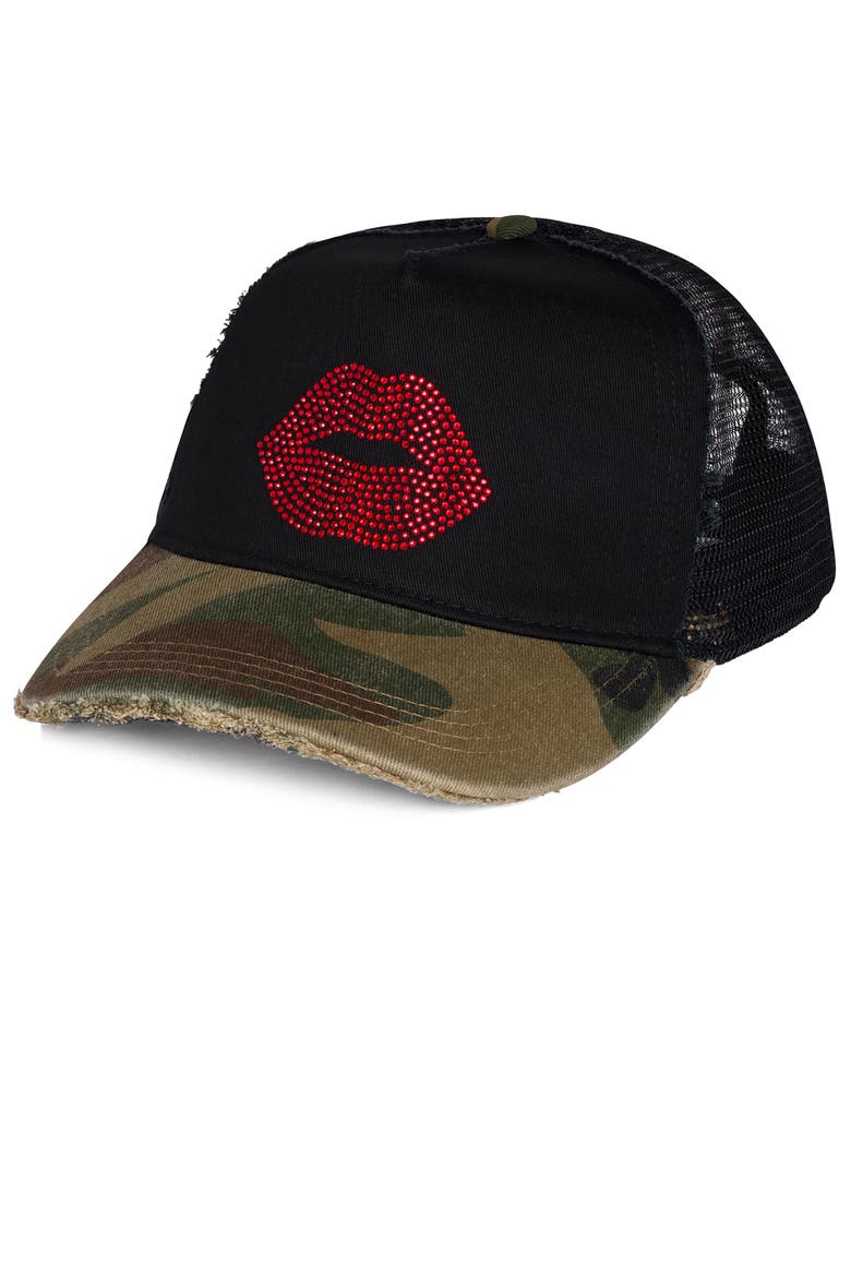 Jilly Crystal Red Lip Trucker Hat, Main, color, Black Camo