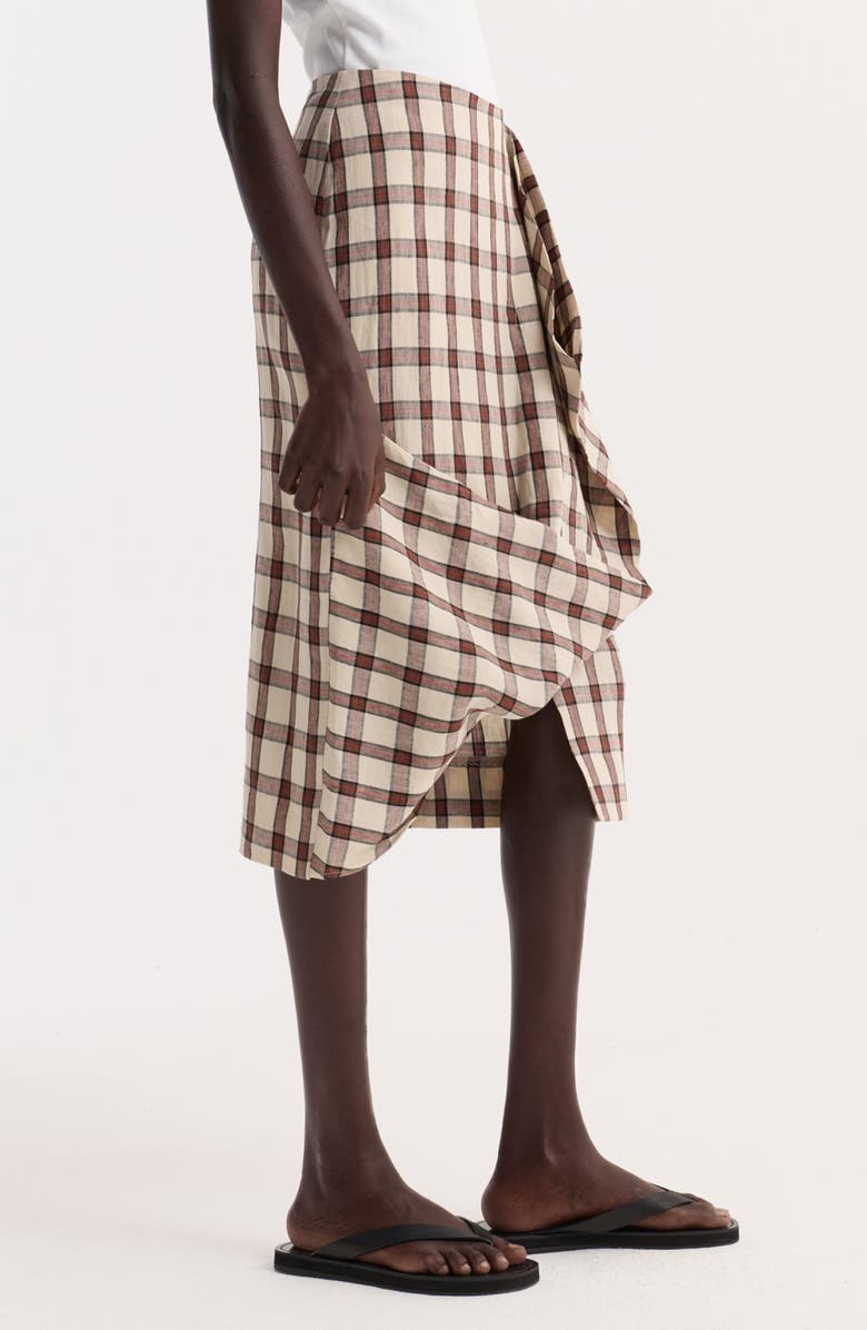 Róhe Check Draped Linen Skirt, Alternate, color, Red Table Check