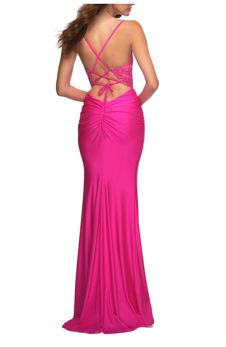 La Femme Neon Prom Dress with Beautiful Lace Bodice and Jersey Skirt, Alternate, color, Neon Pink