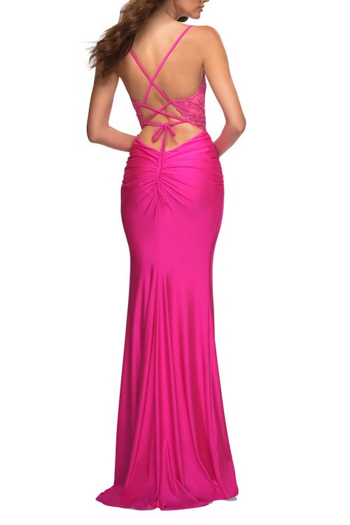 La Femme Neon Prom Dress With Beautiful Lace Bodice And Jersey Skirt In Neon Pink