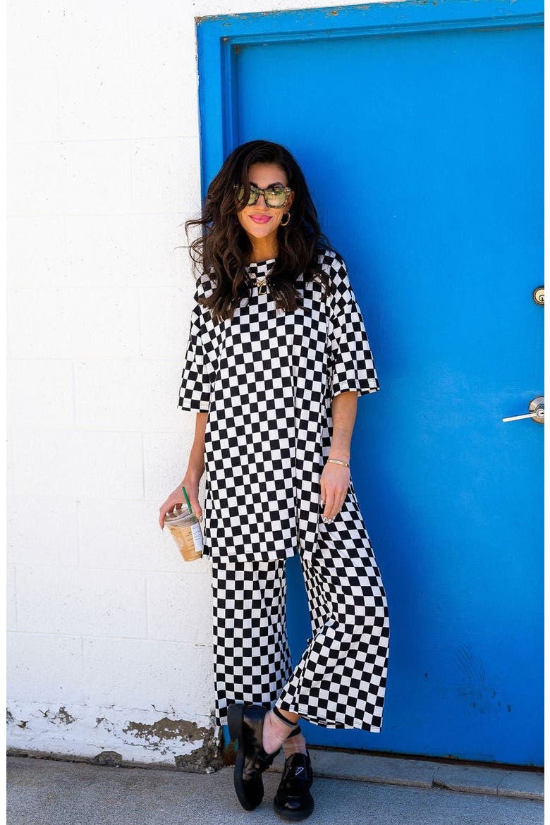 Lex Ribbed Oversize T-Shirt & High Waist Crop Pants Set, Alternate, color, BLACK / WHITE CHECK