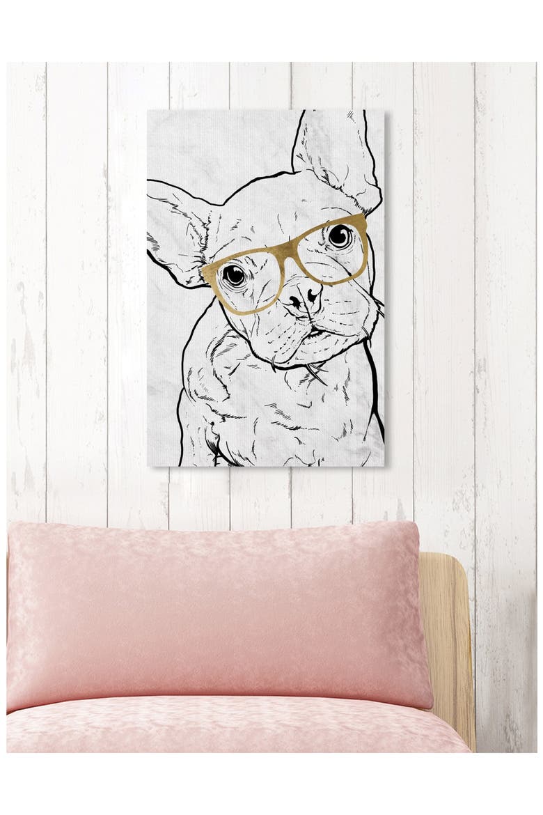 Frenchie with Gold Glasses Canvas Wall Art, Alternate, color, GREY WHITE