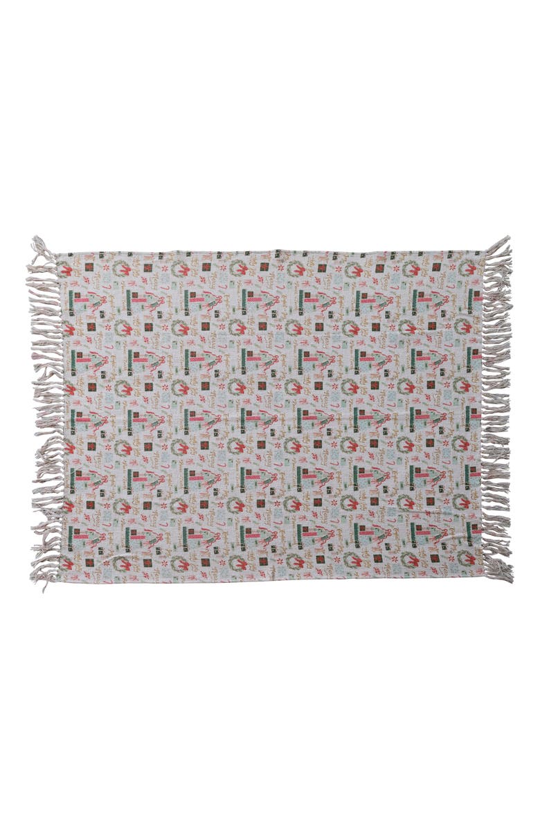 Storied Home Cotton Slub Printed Throw with Holiday Pattern and Fringe, Multicolor, Main, color, White