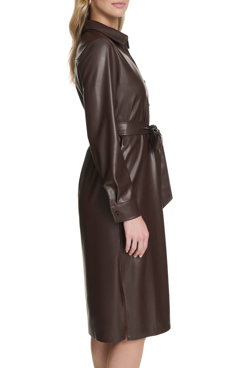 Calvin Klein Long Sleeve Faux Leather Shirtdress, Alternate, color, Coffee Bean