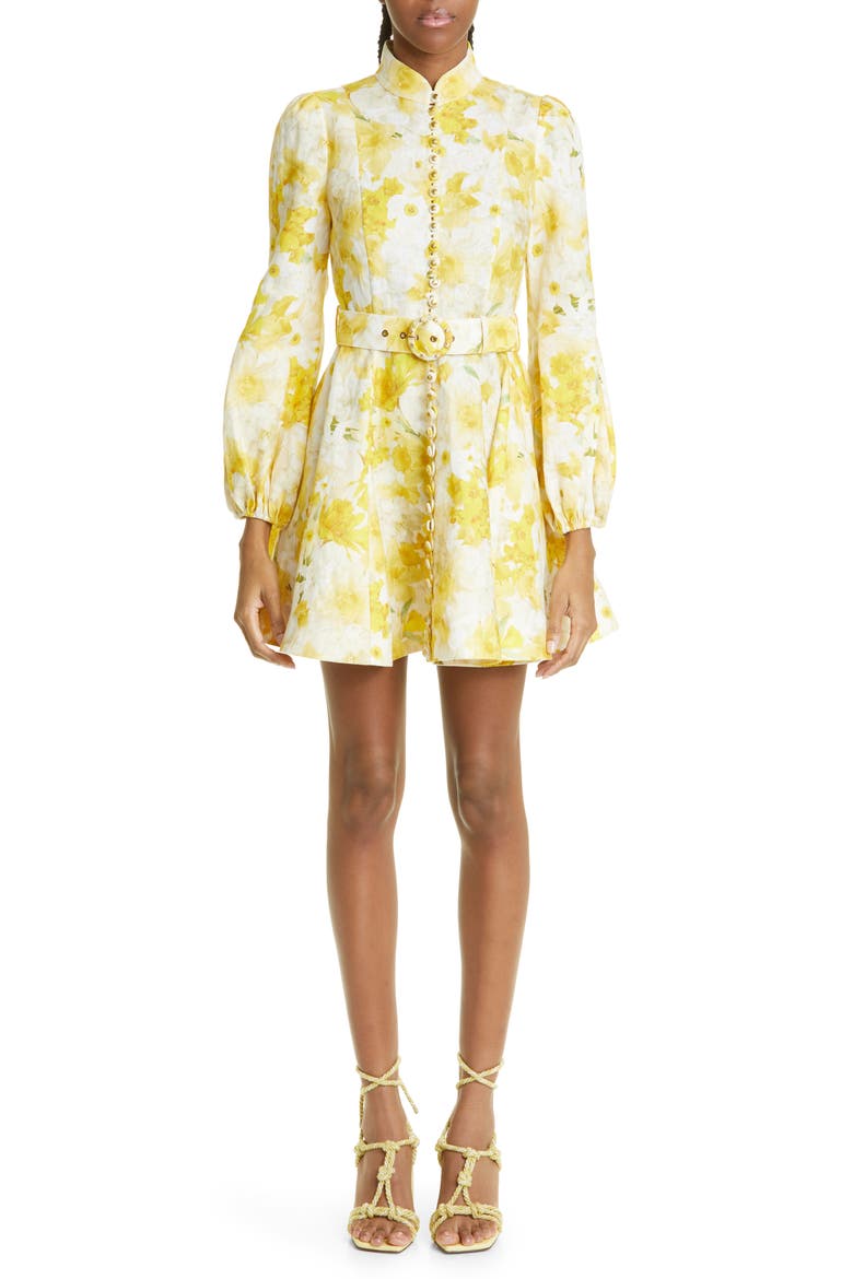Wonderland Floral Long Sleeve Linen Dress, Main, color, DAFFODIL PRINT