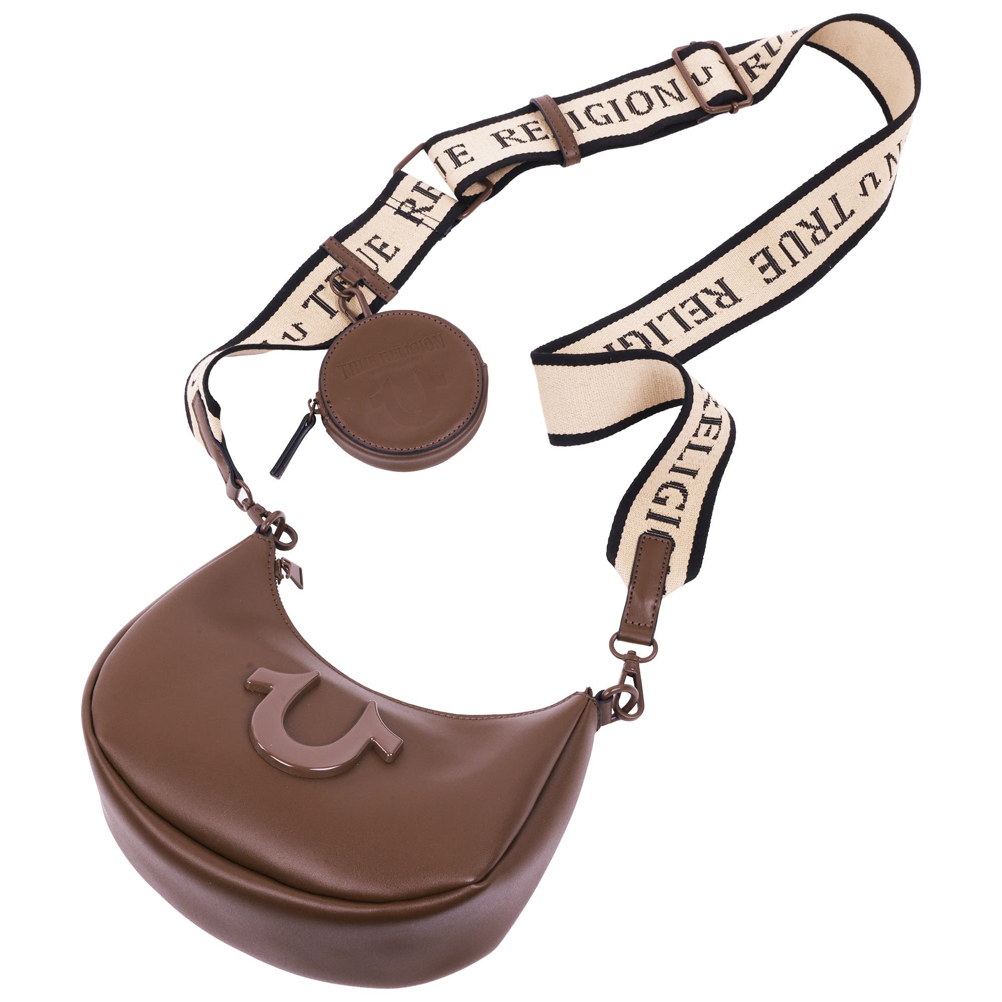 True Religion Logo Strap Crescent Hobo, Alternate, color, Brown