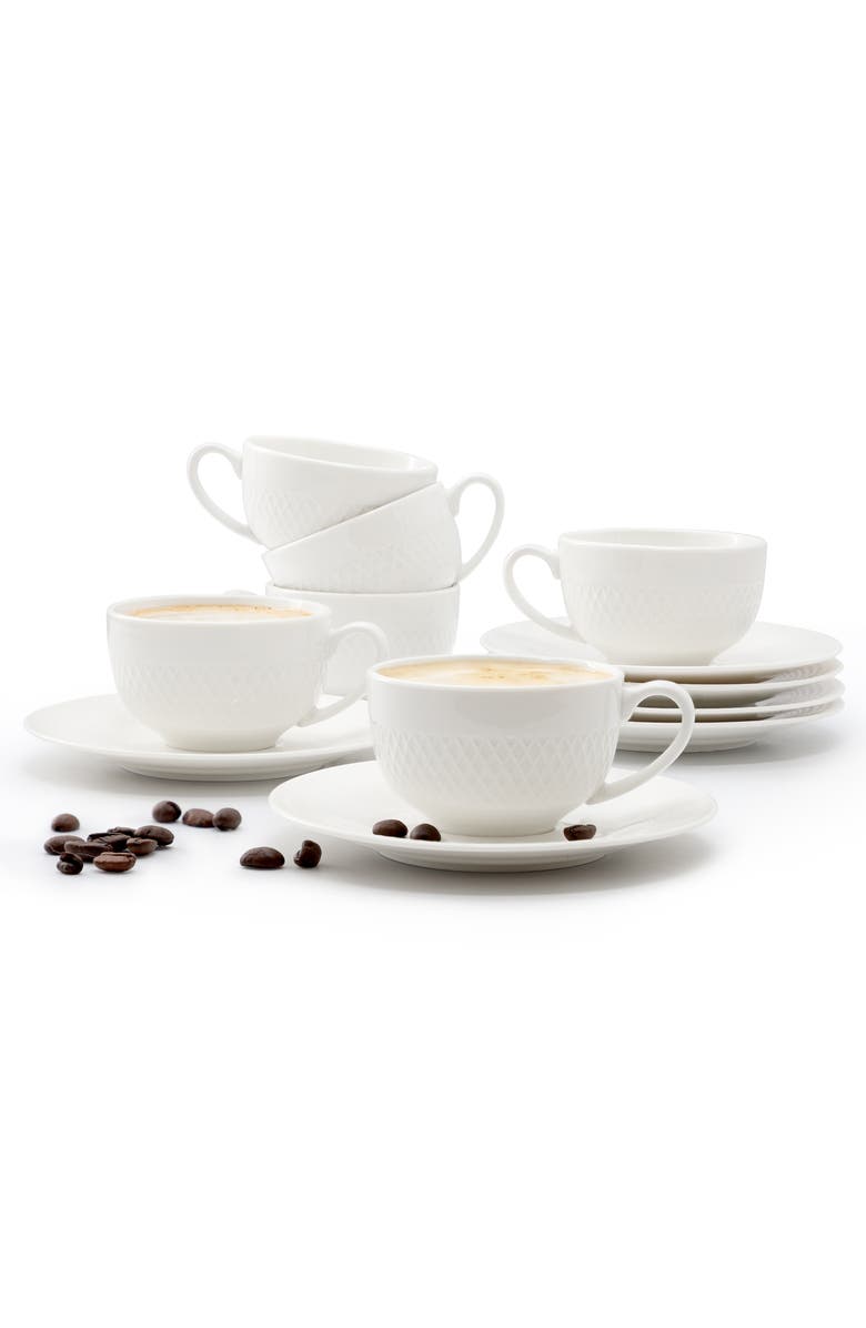 Elama Luna 12 Piece 3 Ounce Porcelain Espresso Cup Set with Saucers, Main, color, White